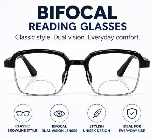 Keymount Black Intelligent Zoom Bifocal Reading Glasses for Men & Women -3KBF