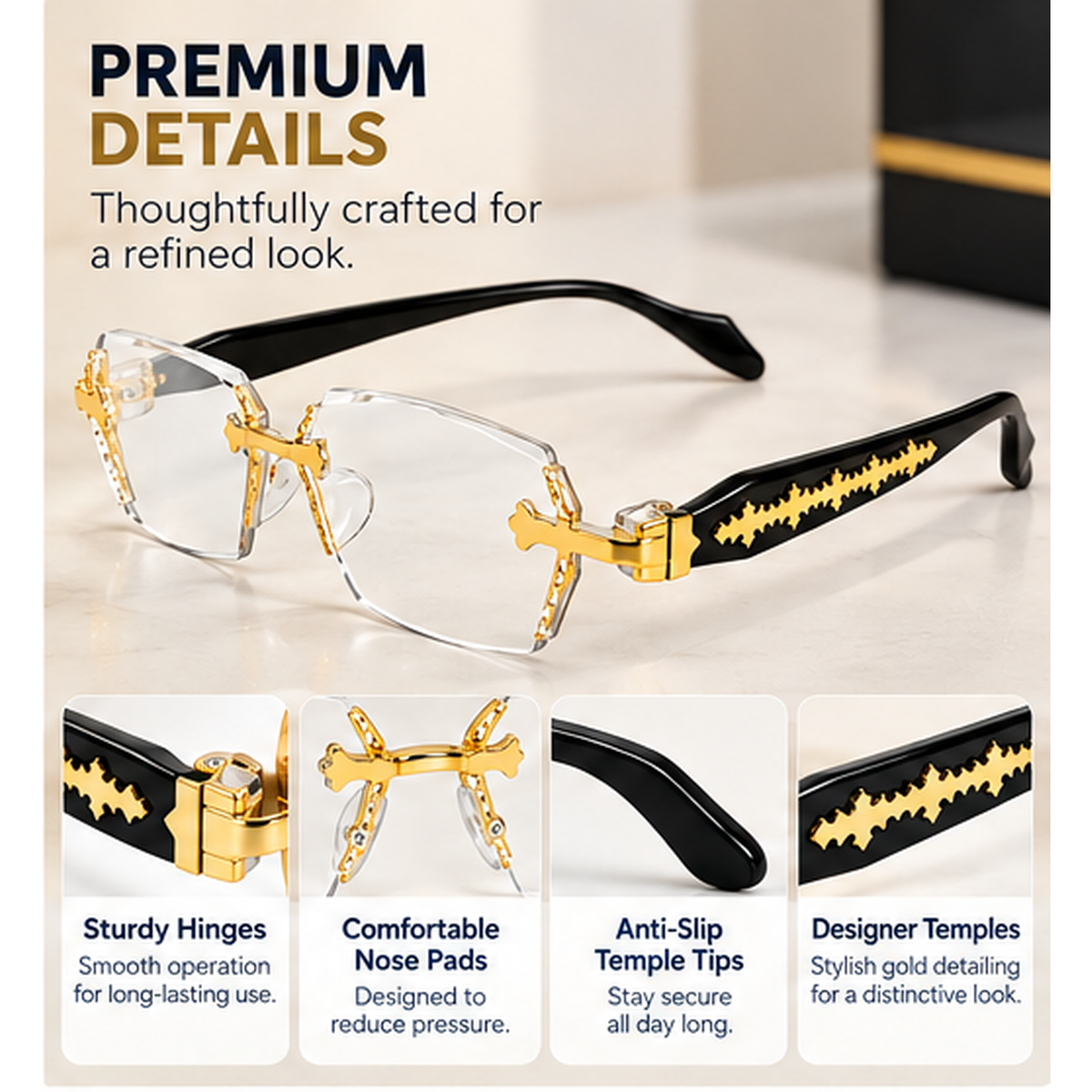 Rimless Gold & Black Premium Designer Single Vision Intelligent Zoom Reading Glasses for Men & Women - DRRG1