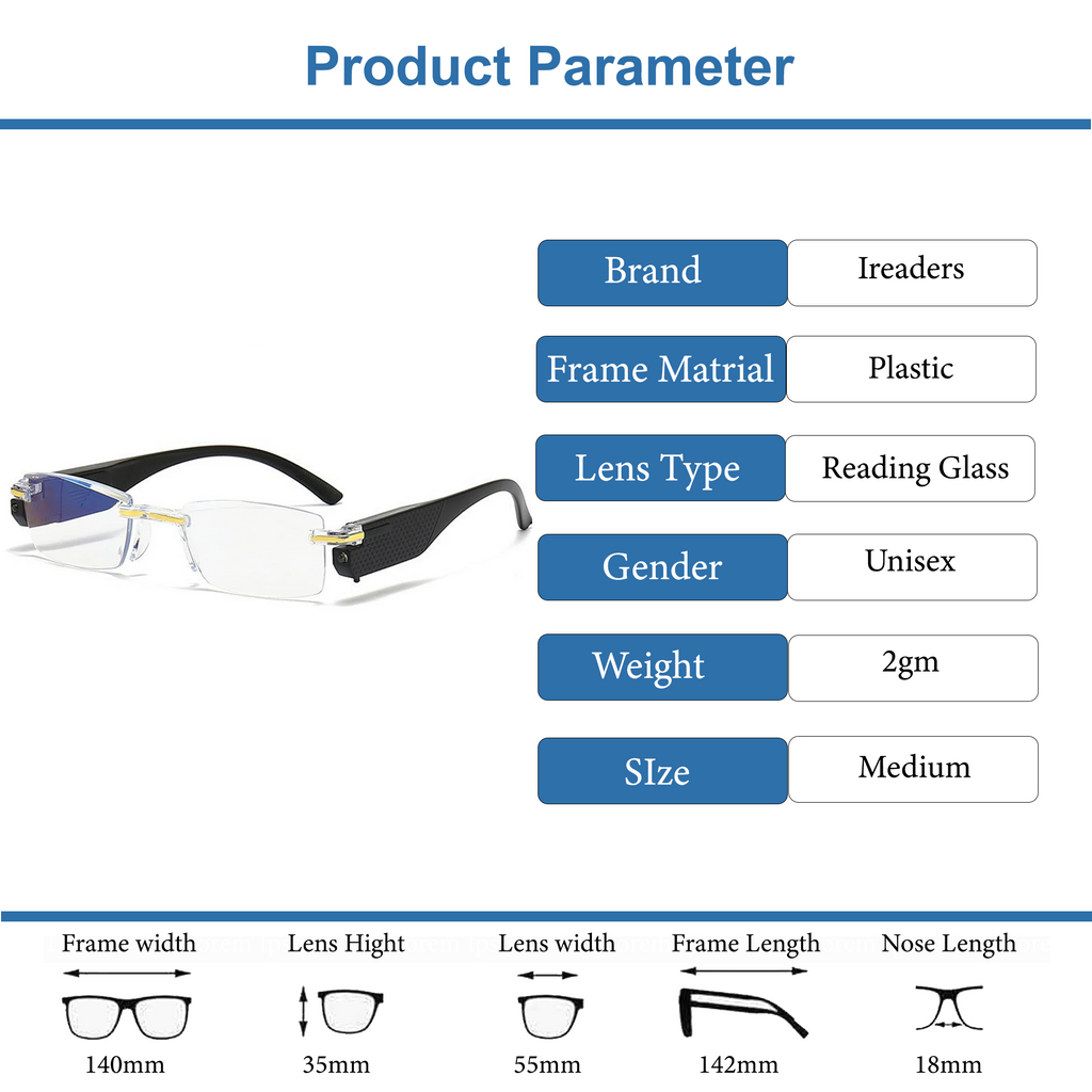 Rimless Led Light  Bifocal Adaptive One Power Reading Glasses(RLOPR10)
