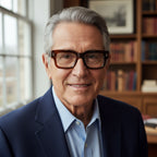 Man wearing a pair of glasses with a black shirt on a light gray background
