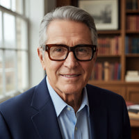 Man wearing a pair of glasses with a black shirt on a light gray background