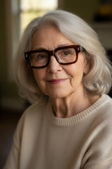 Man wearing a pair of glasses with a black shirt on a light gray background