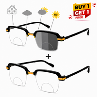 Two pairs of semi-rimless eyeglasses shown on a white background, with feature callouts above the top pair including a house icon, cloud icon, sun icon, and UV text, plus a 'BUY 1 GET 1 FREE' promotional badge. The glasses have black frames with gold accents and clear or dark lenses.