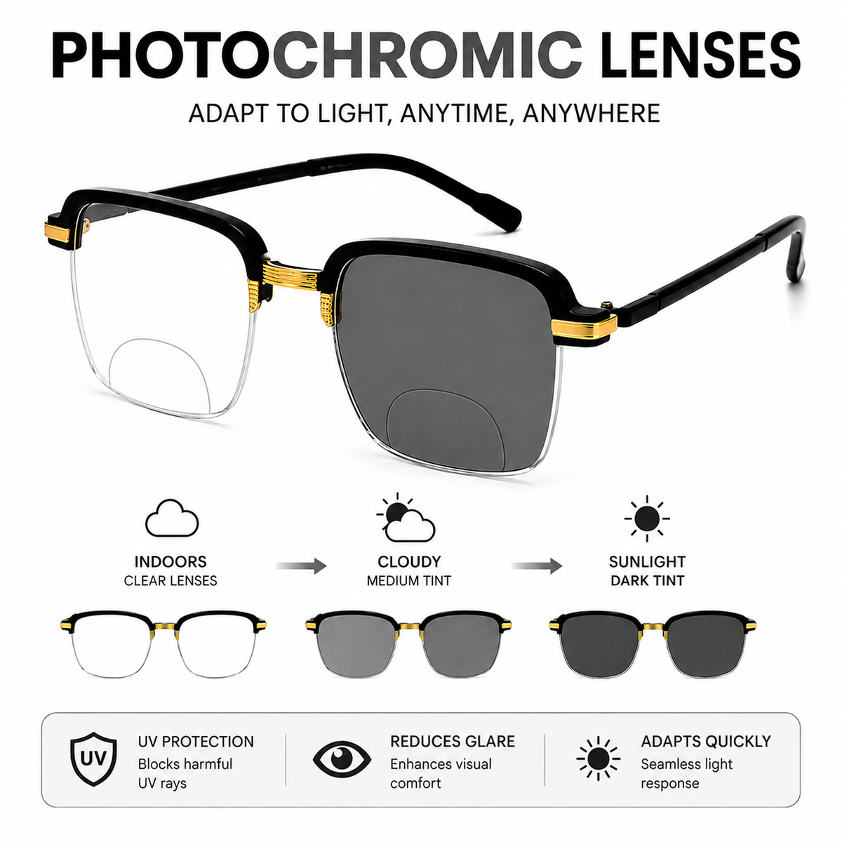 Stylish Black Golden Phothochromatic  Bifocal Reading glasses For Men and Women -2PGBRG