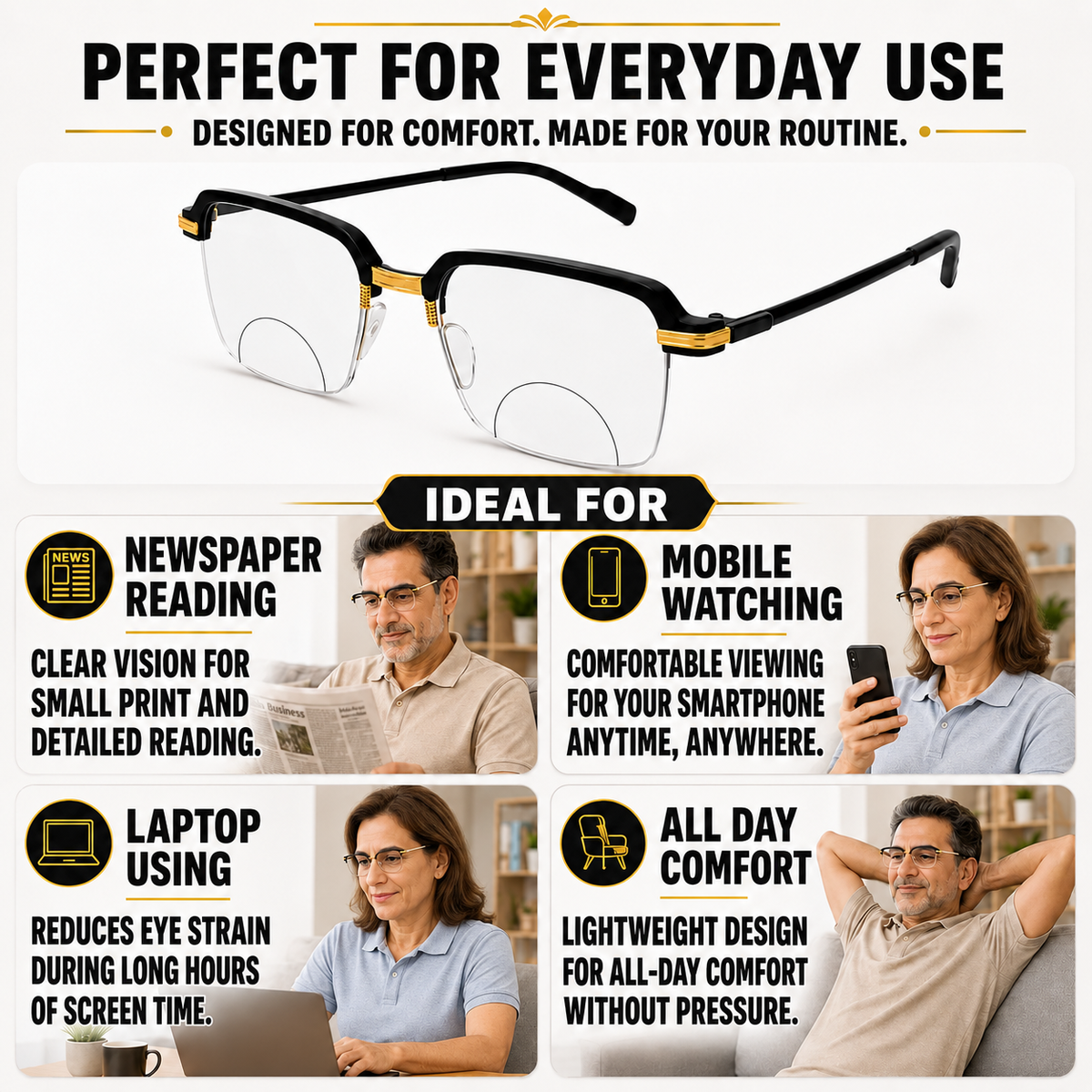 Stylish Black Golden Bifocal Reading glasses For Men and Women -3GBRG2