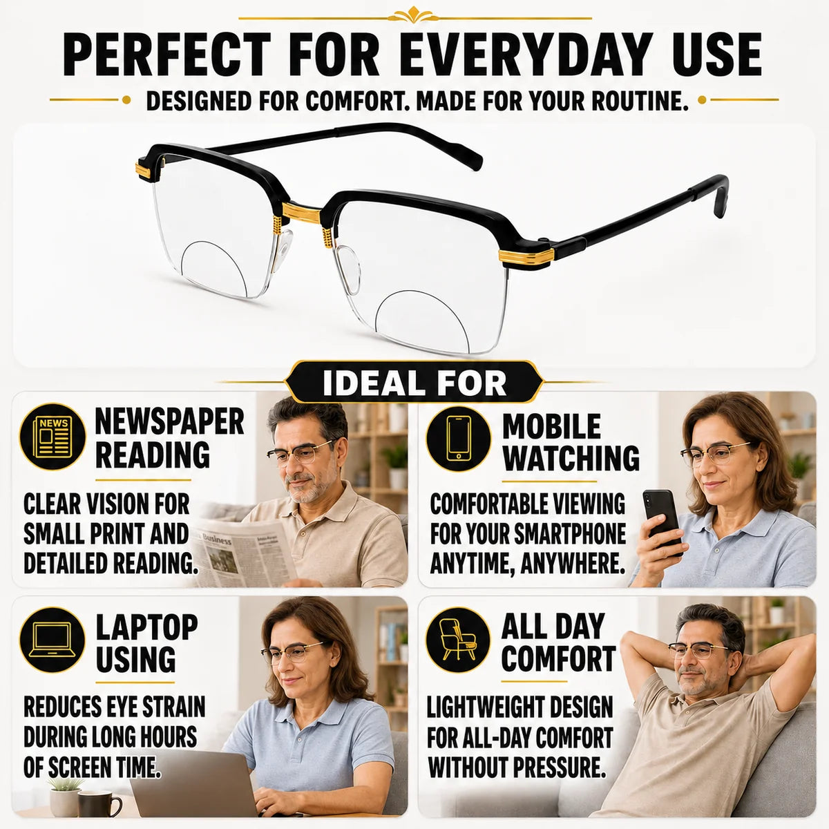 Stylish Black Golden Reading glasses For Men and Women -3GBRG