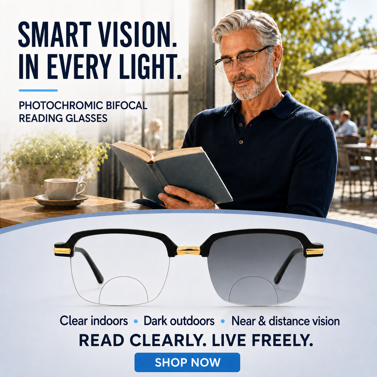 Stylish Black Golden Phothochromatic  Bifocal Reading glasses For Men and Women -2PGBRG