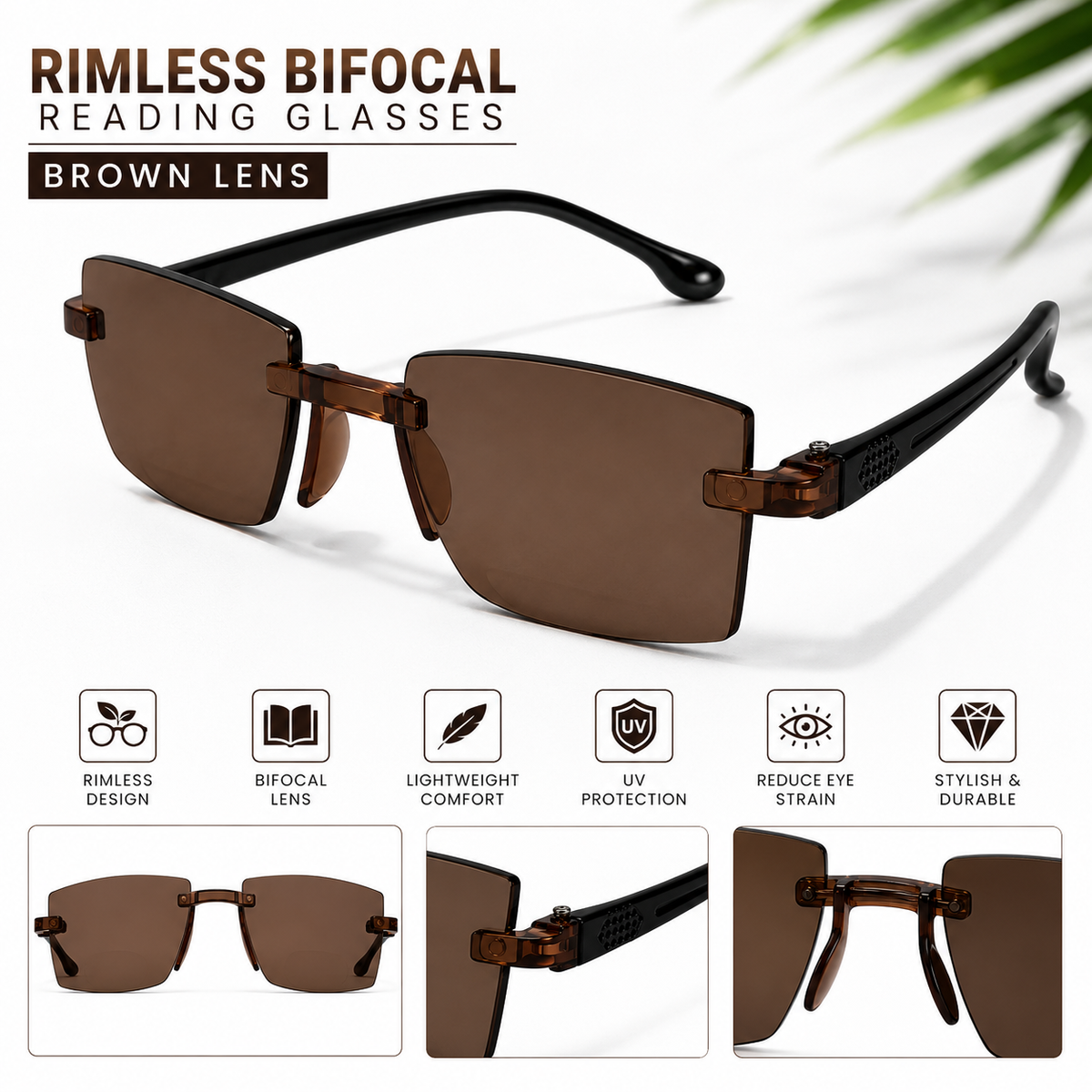 Rimless Bifocal Brown Daily Use Reading Glasses 3BRG01