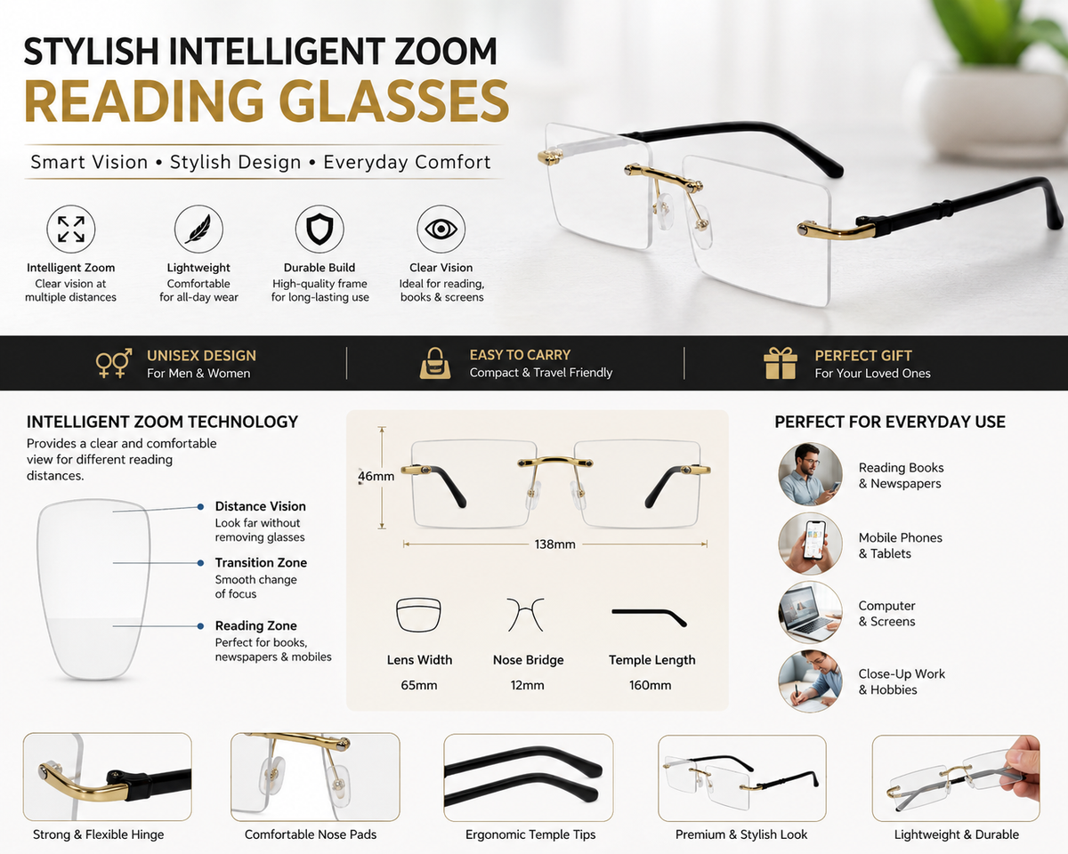 Stylish Intelligent Zoom Reading Glasses 2RSV2