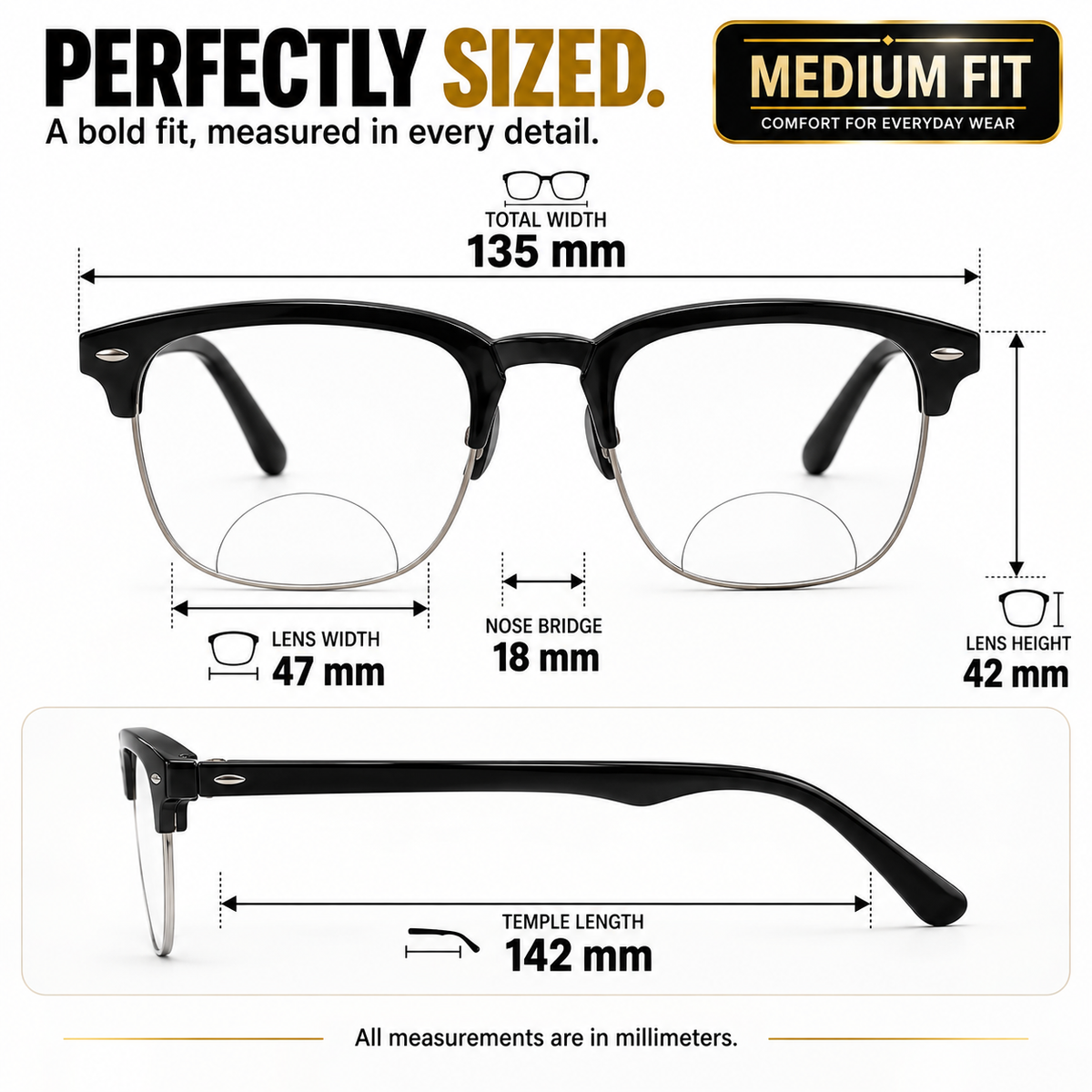 Designer Black Clubmaster Intelligent Zoom Bifocal Reading Glasses  for Men & Women (CMBF01)