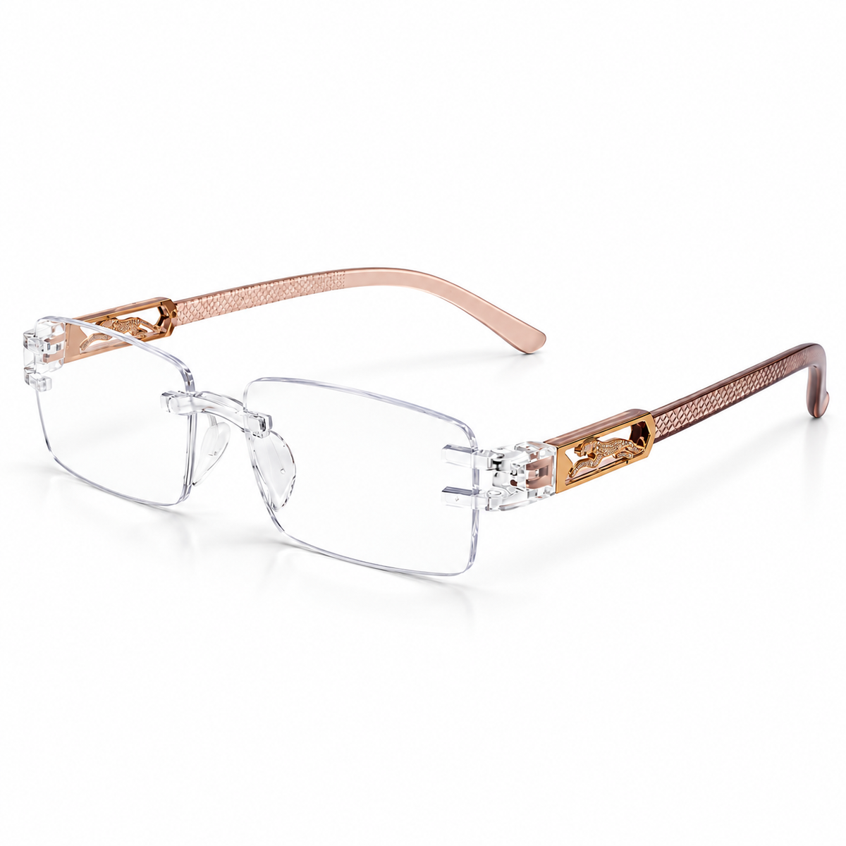 Premium Brown & White Rimless Reading Glasses with Elegant Gold-Tone Panther Temples – (LRBRG2)