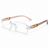 Premium Brown & White Rimless Reading Glasses with Elegant Gold-Tone Panther Temples – (LRBRG2)