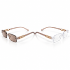 Premium Brown & White Rimless Reading Glasses with Elegant Gold-Tone Panther Temples – (LRBRG2)