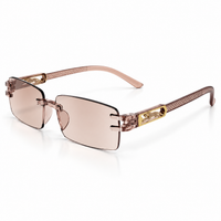 Premium Brown & White Rimless Reading Glasses with Elegant Gold-Tone Panther Temples – (LRBRG2)
