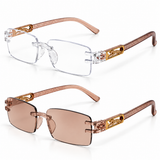 Premium Brown & White Rimless Reading Glasses with Elegant Gold-Tone Panther Temples – (LRBRG2)
