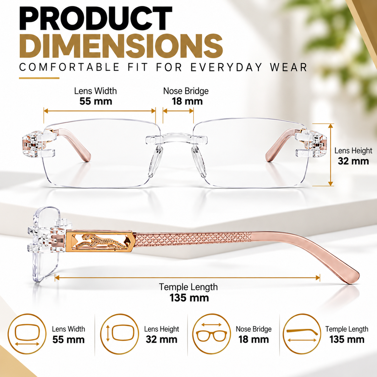 Premium Brown & White Rimless Reading Glasses with Elegant Gold-Tone Panther Temples – (LRBRG2)