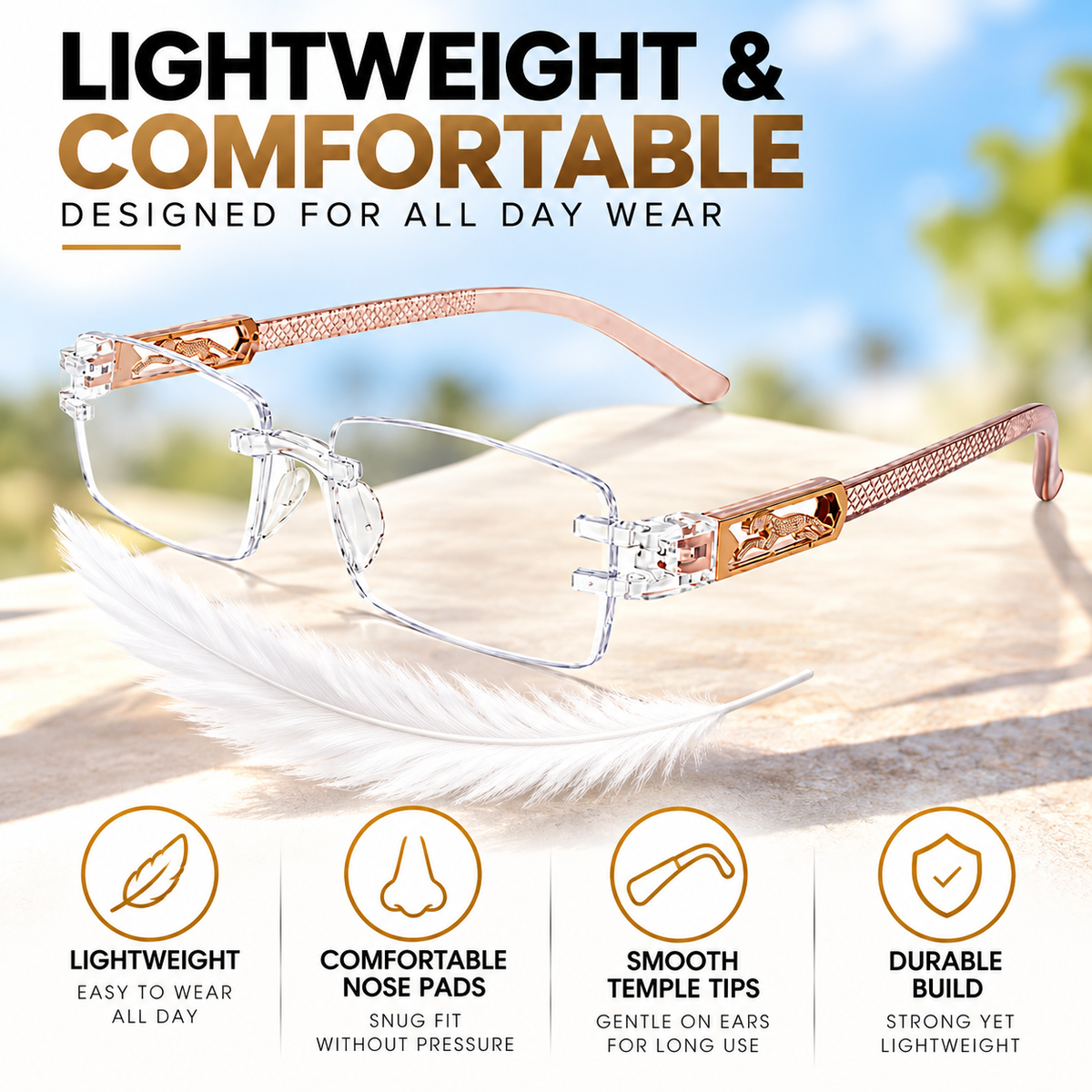 Premium Brown & White Rimless Reading Glasses with Elegant Gold-Tone Panther Temples – (LRBRG2)