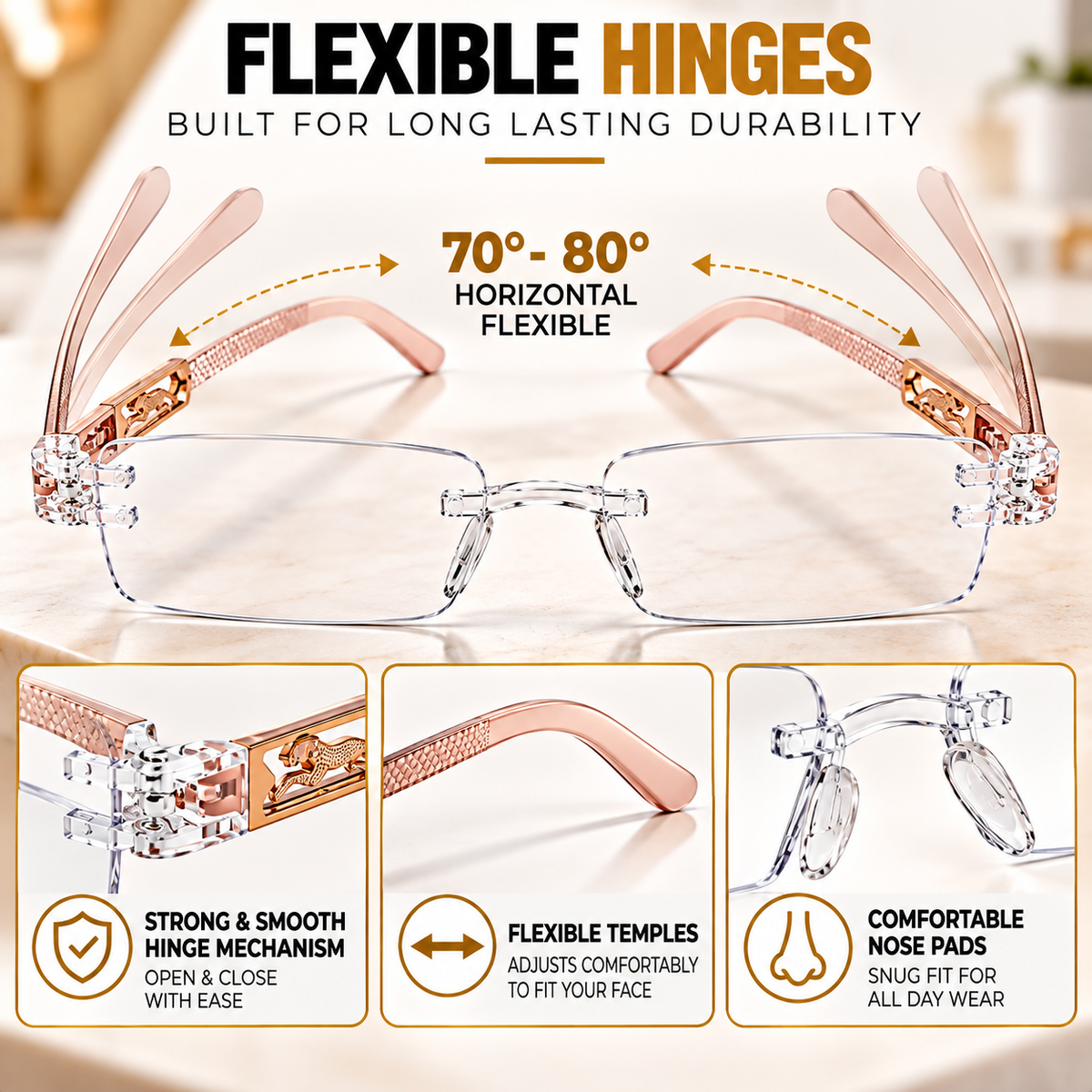 Premium Brown & White Rimless Reading Glasses with Elegant Gold-Tone Panther Temples – (LRBRG2)