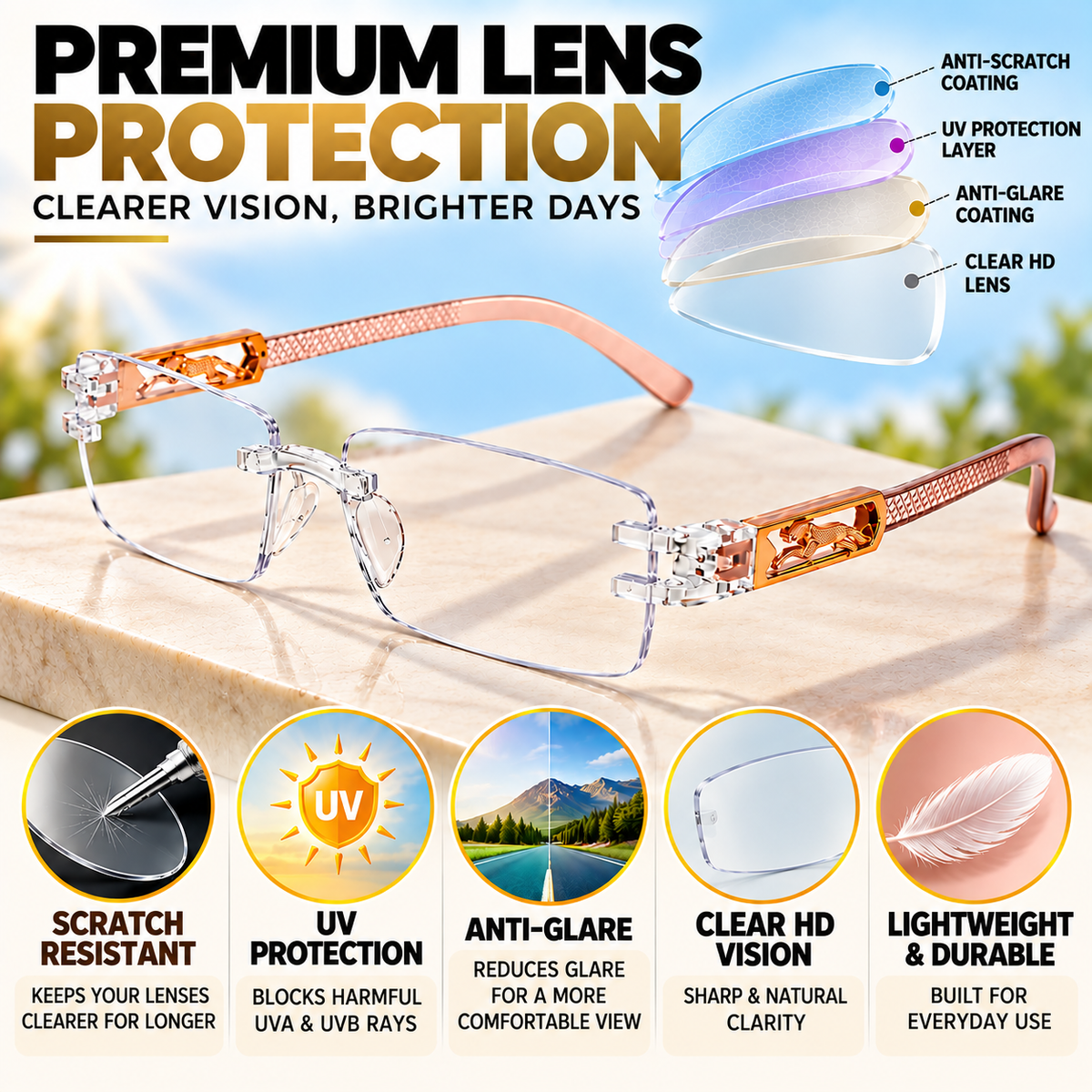 Premium Brown & White Rimless Reading Glasses with Elegant Gold-Tone Panther Temples – (LRBRG2)