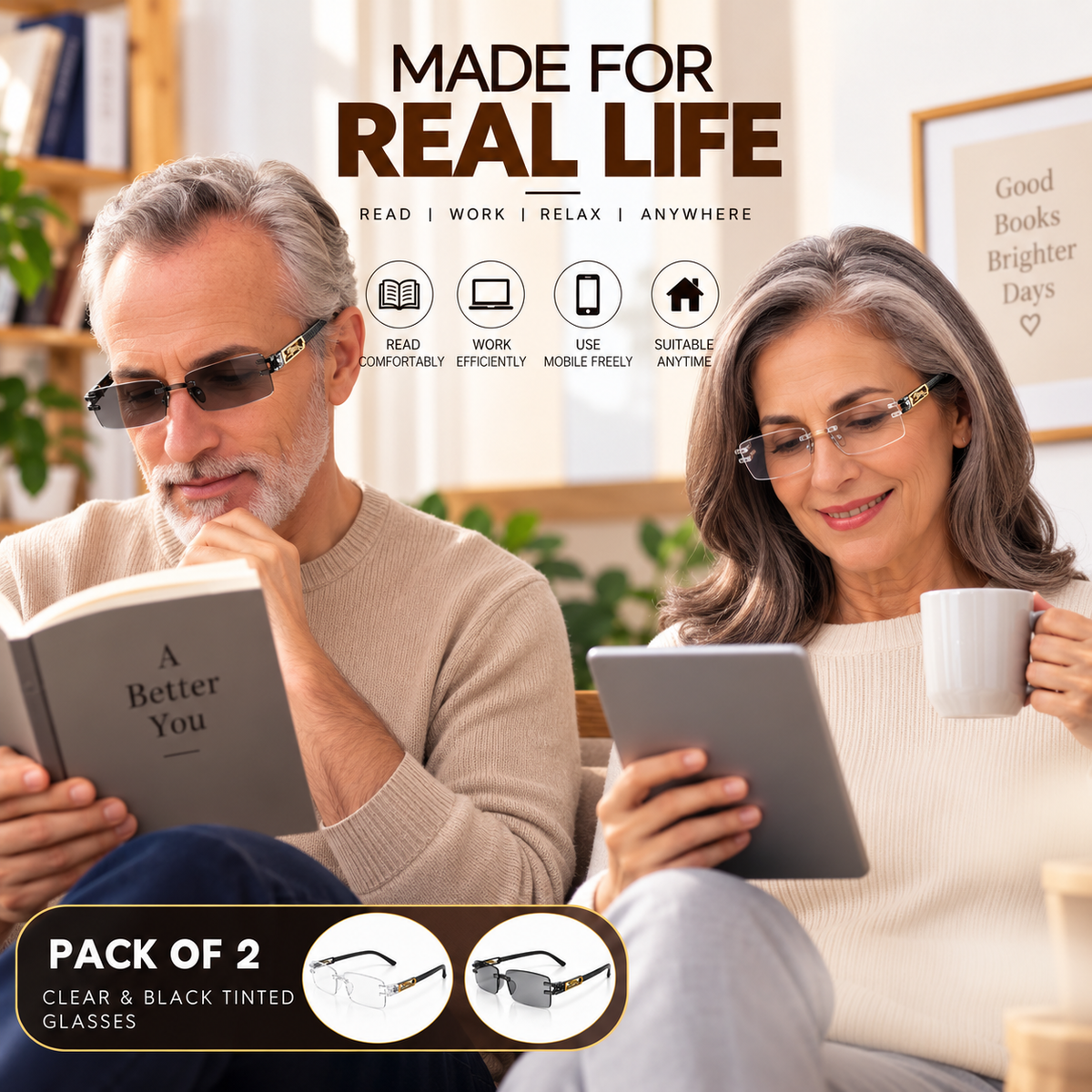 Premium Grey & White Rimless Reading Glasses with Elegant Gold-Tone Panther Temples – (LRGRG2)