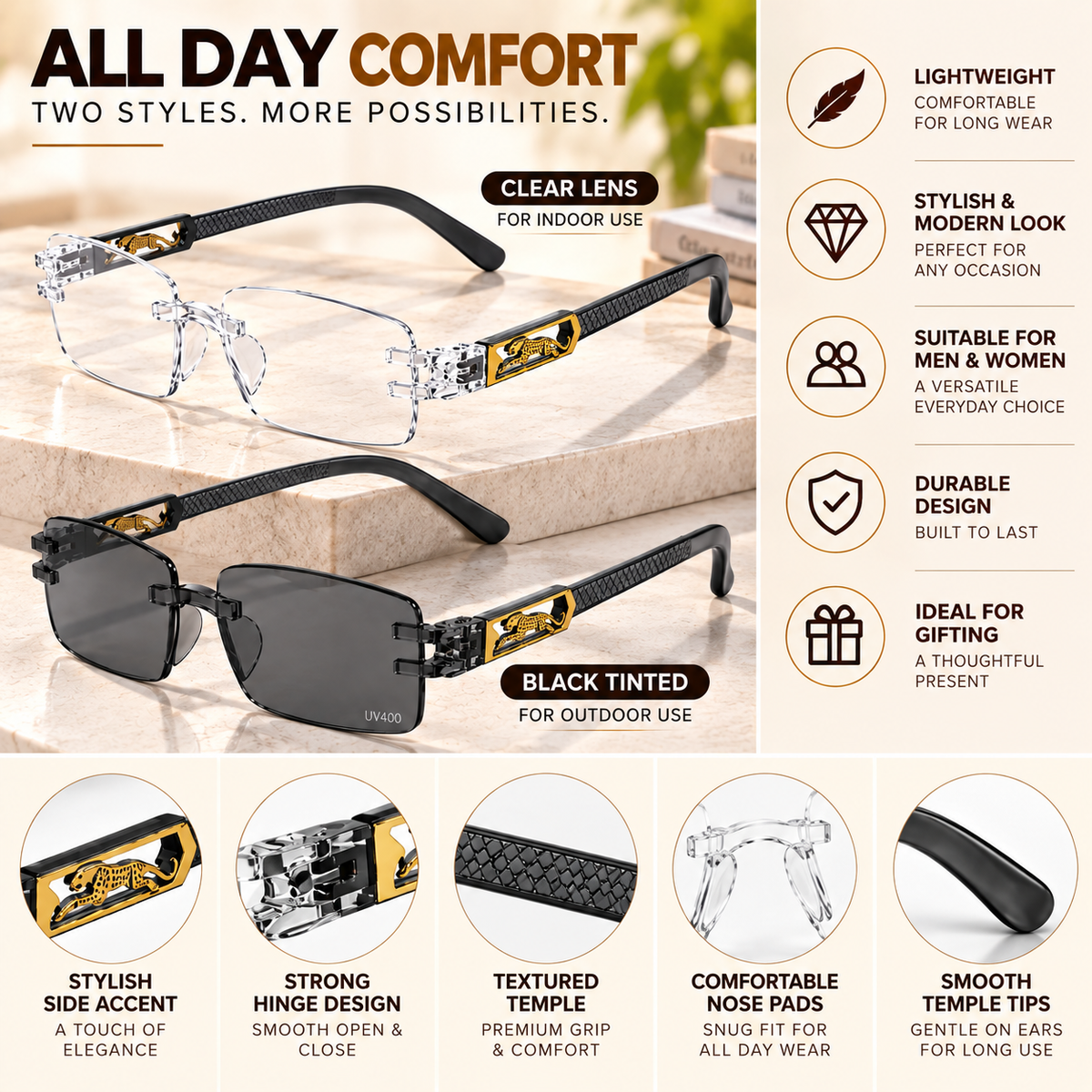 Premium Grey & White Rimless Reading Glasses with Elegant Gold-Tone Panther Temples – (LRGRG2)