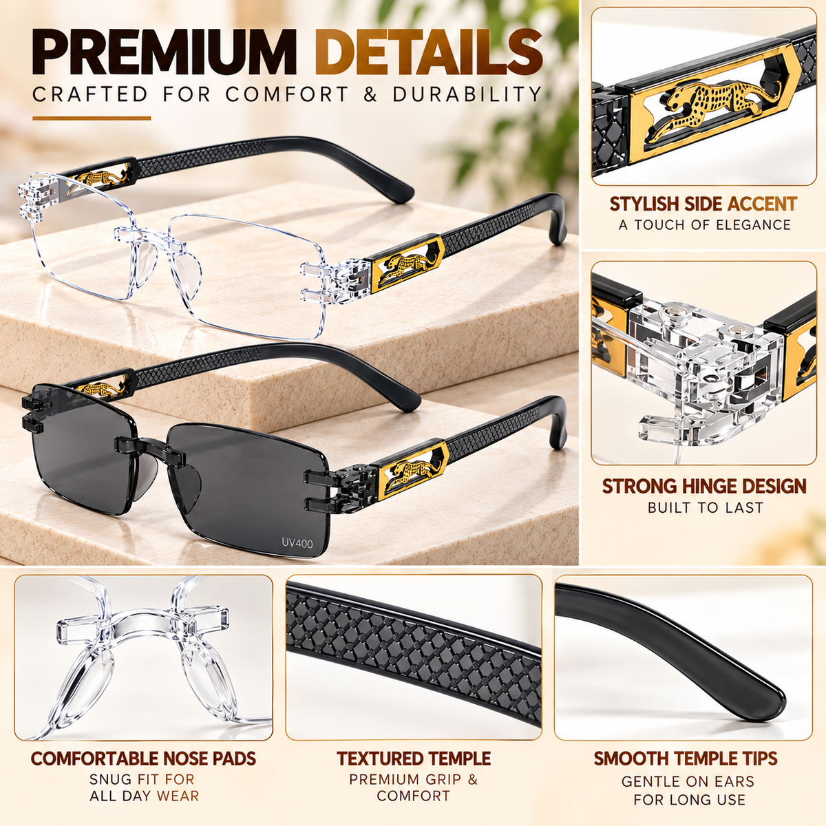 Premium Grey & White Rimless Reading Glasses with Elegant Gold-Tone Panther Temples – (LRGRG2)