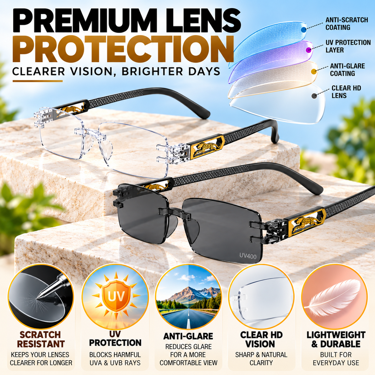 Premium Grey & White Rimless Reading Glasses with Elegant Gold-Tone Panther Temples – (LRGRG2)