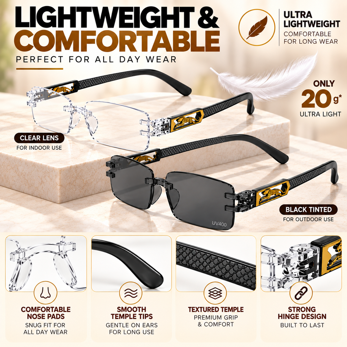 Premium Grey & White Rimless Reading Glasses with Elegant Gold-Tone Panther Temples – (LRGRG2)