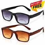 Two pairs of square sunglasses on a white background: one with a black frame and dark gradient lenses, and one with a translucent brown frame and warm brown gradient lenses. A red and yellow promotional badge in the top right says 'BUY 1 GET 1 FREE'.