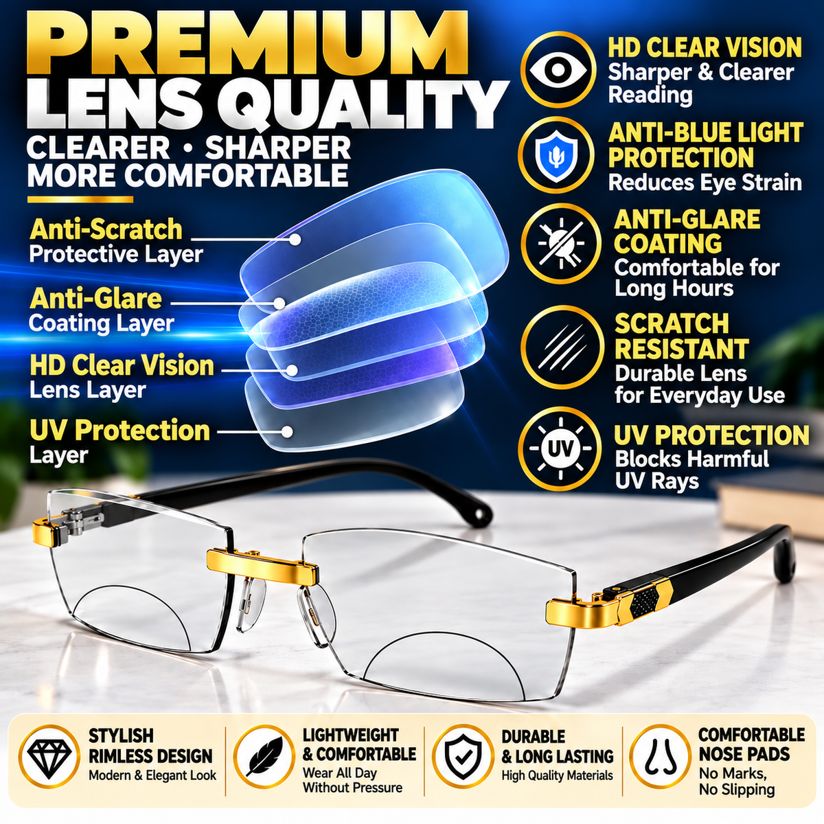 Stylish Golden Bifocal Rimless Reading glasses For Men and Women -GBRRG3