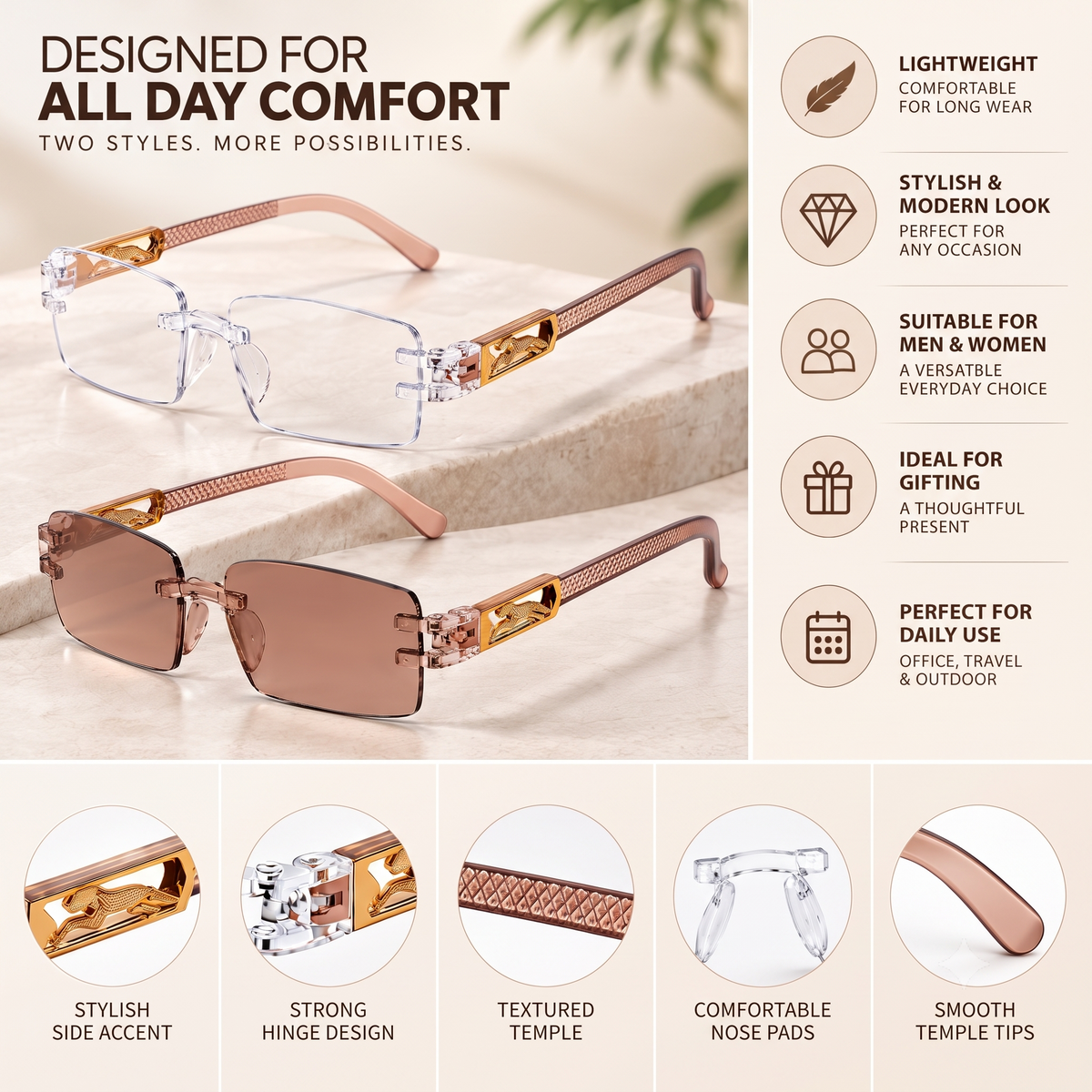 Premium Brown & White Rimless Reading Glasses with Elegant Gold-Tone Panther Temples – (LRBRG2)