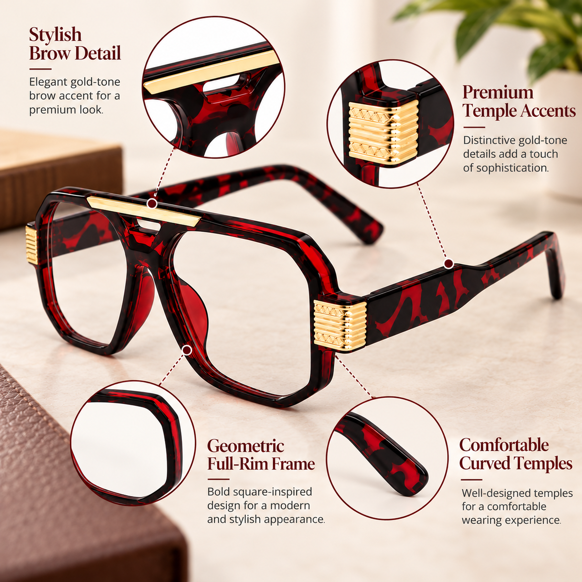 Marshell Rectangular Intelligent Zoom Reading Glasses with Gold Metal Accents for Men & Women- MRRGT