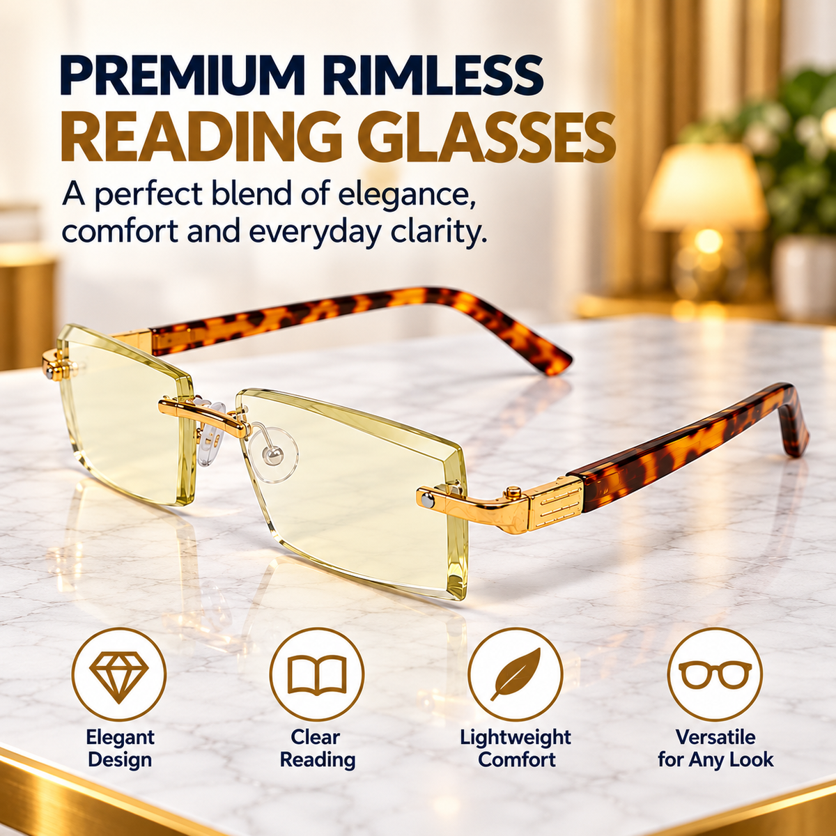 iReaders Premium Rimless Reading Glasses with Tortoiseshell Temples  - RRGT1