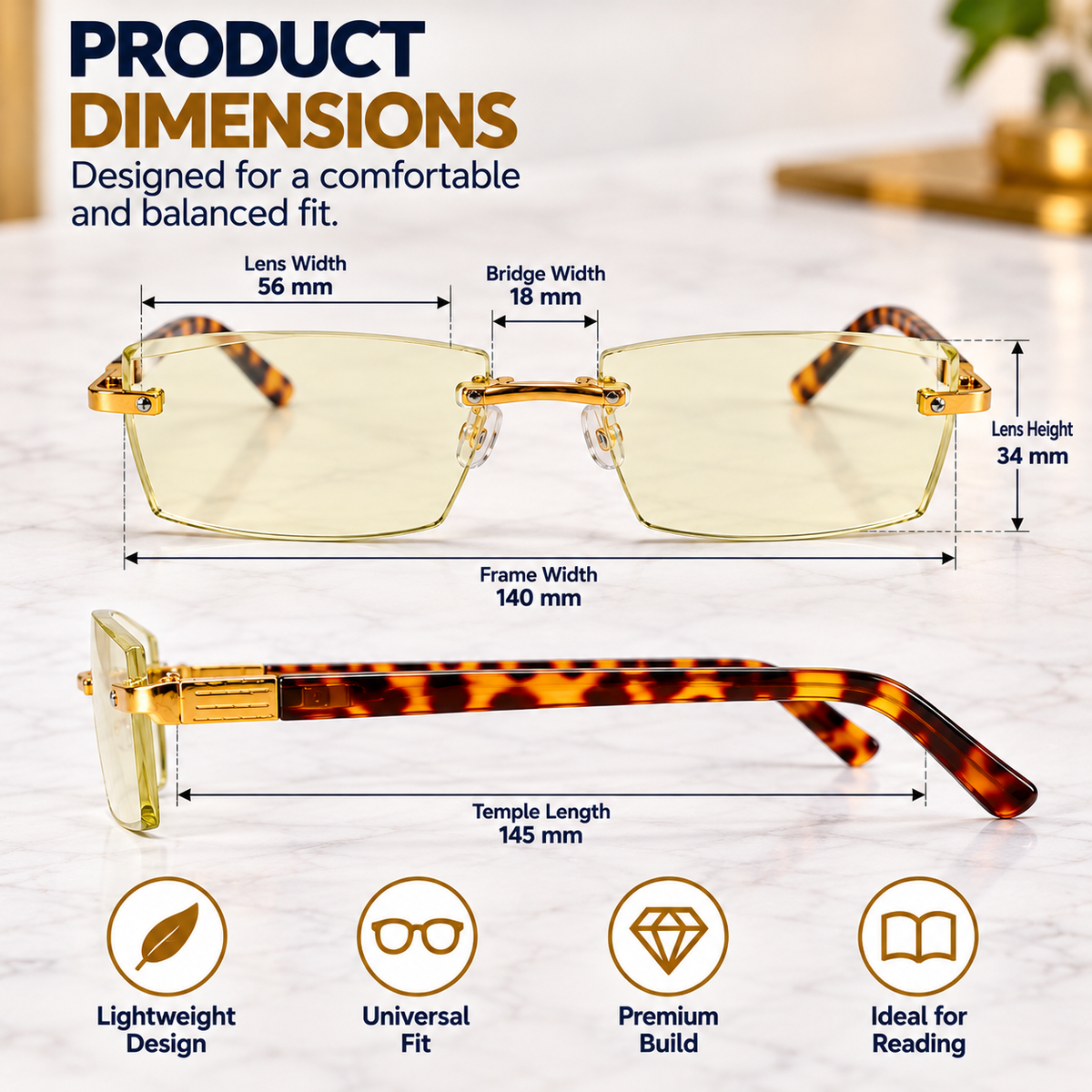 iReaders Premium Rimless Reading Glasses with Tortoiseshell Temples  - RRGT1