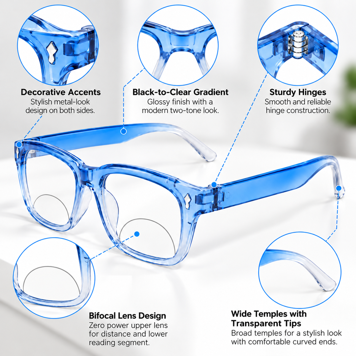 Rectanguler Black & Blue Bifocal Reading Glasses Pack of 2 for Men & Women - RBBBRG2