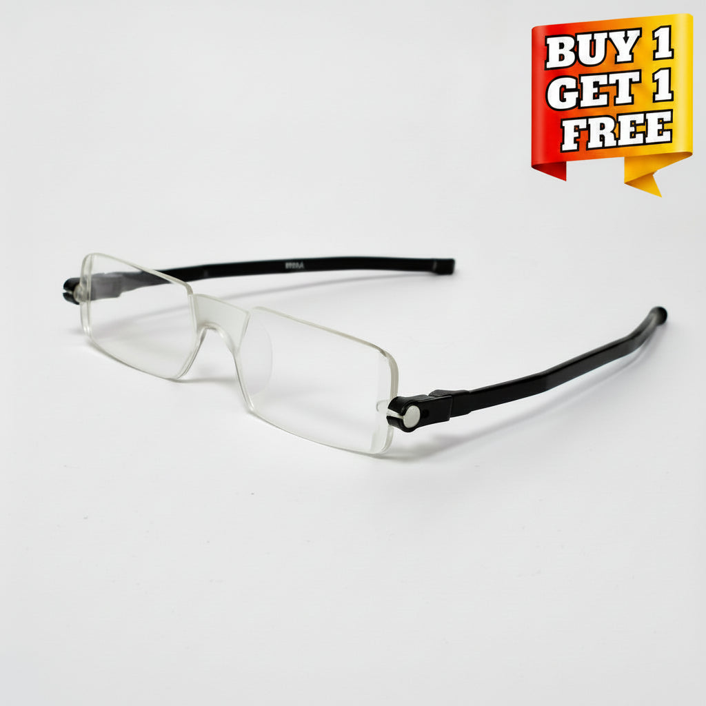 Clear rimless eyeglasses with black temples on a light gray background
