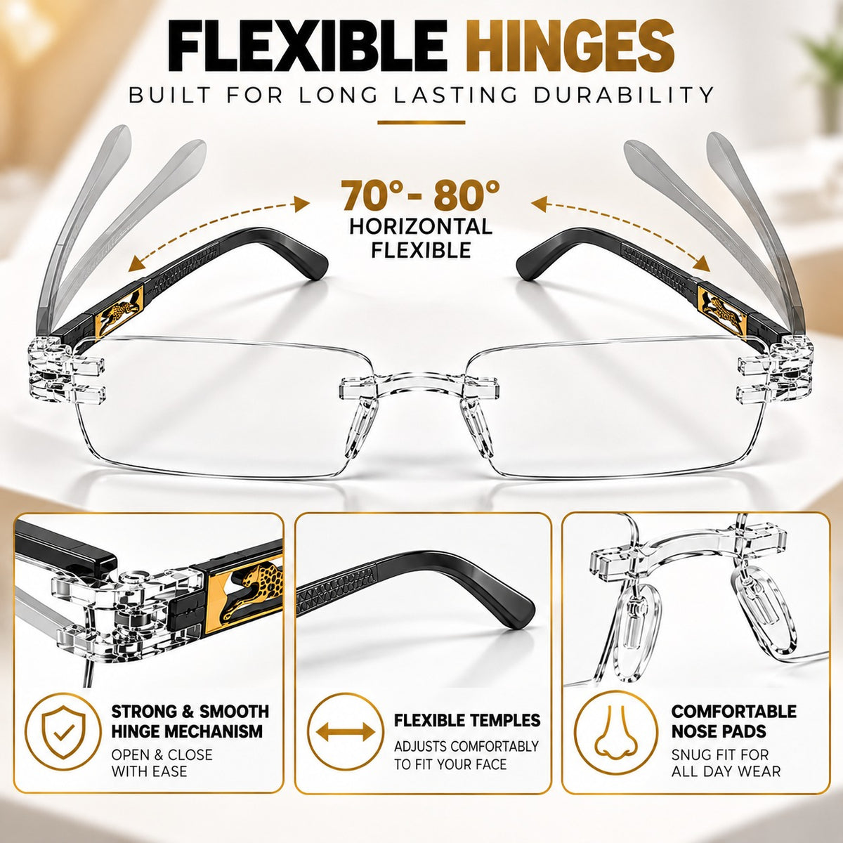 Premium Grey & White Rimless Reading Glasses with Elegant Gold-Tone Panther Temples – (LRGRG2)