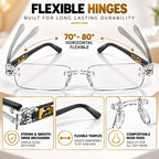 Premium Grey & White Rimless Reading Glasses with Elegant Gold-Tone Panther Temples – (LRGRG2)