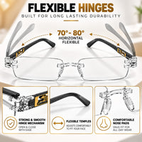 Premium Grey & White Rimless Reading Glasses with Elegant Gold-Tone Panther Temples – (LRGRG2)