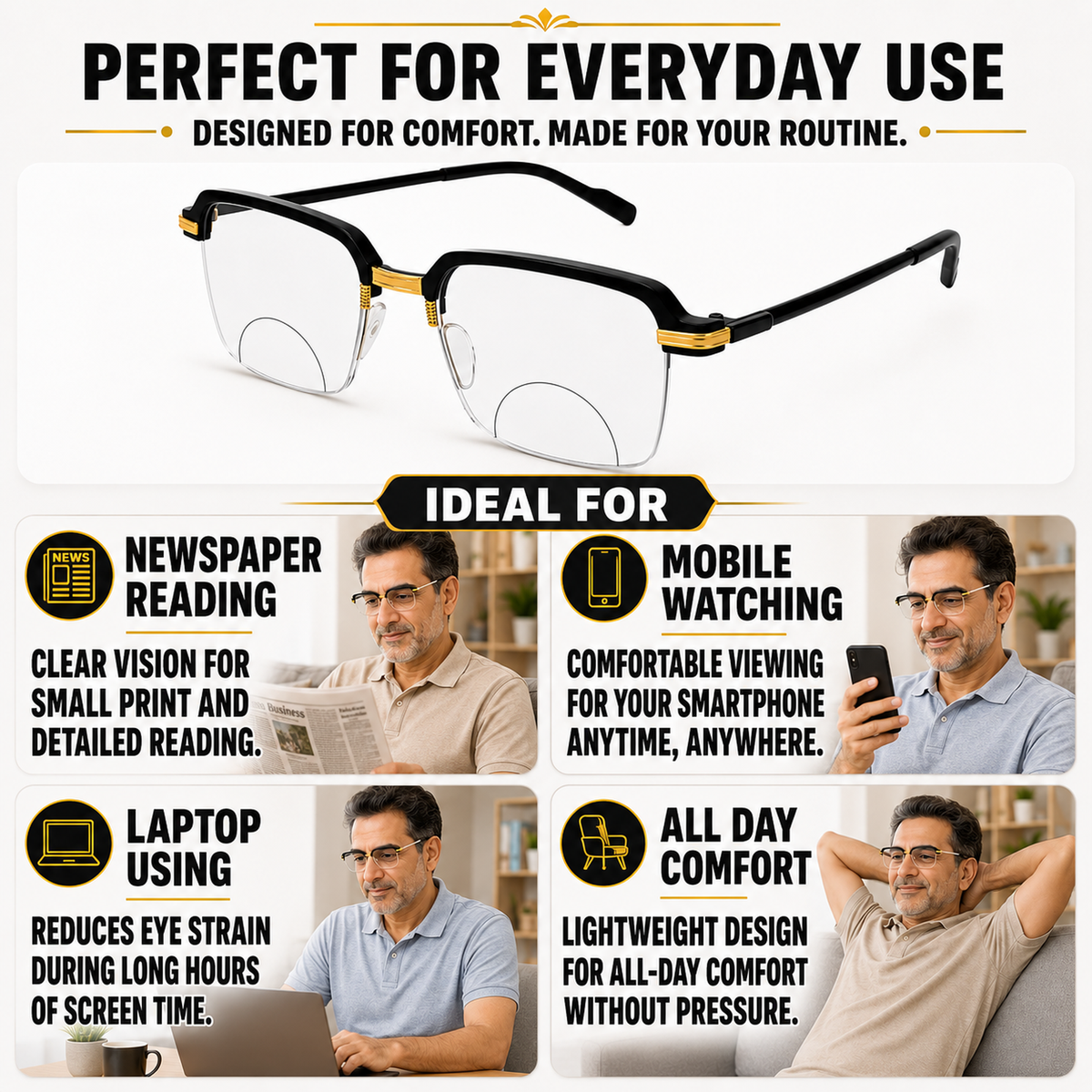 Stylish Black Golden Phothochromatic  Bifocal Reading glasses For Men and Women -2PGBRG